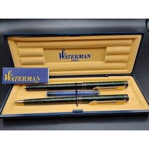 WATERMAN Ideal Fountain 18k NIB & Ballpoint   pen set Green Marble Rare! Unused!
